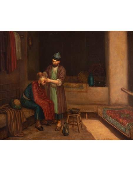Olie op Orientalist Tile "The Turkish Barbier"