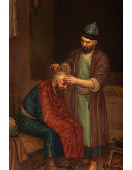 Olie op Orientalist Tile "The Turkish Barbier"