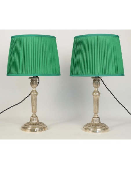 Pair of silver-plated candlesticks mounted as lamps, 19th century