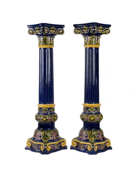 Pair of columns in polychrome blue faiences