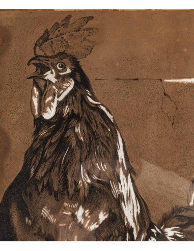 Rooster" pencil drawing, framed, 20th...