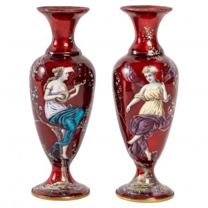 Pair of vases in red email, art new antiques, design, decoration, luxury, art gallery, betting, france, style
