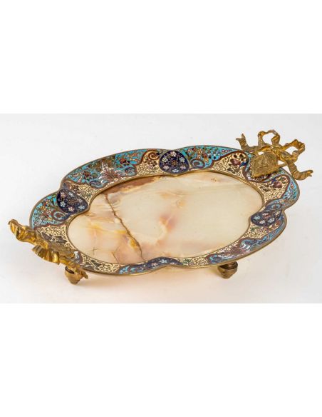 Bandeja de bronce cloisonné y ónice, época de Napoleón III