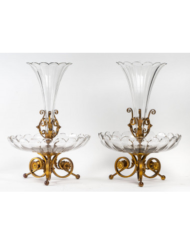 Pair of large bronze and crystal...