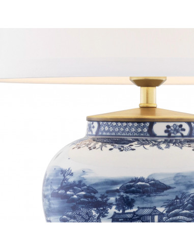 Lampada da tavolo, ceramica blu e ottone
