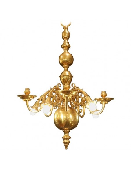 19th century Dutch style chandelier in golden bronze, 5 lights and 5 candlesticks