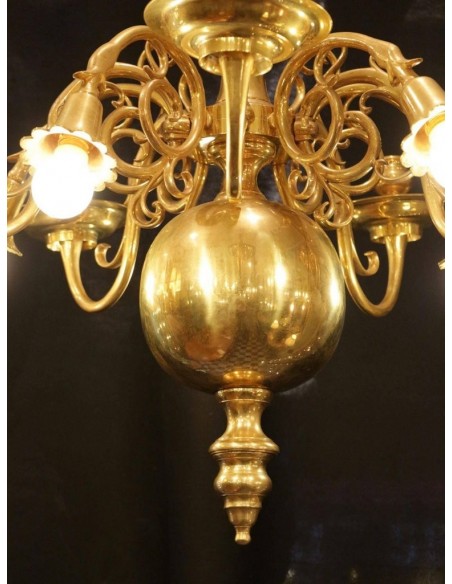 19th century Dutch style chandelier in golden bronze, 5 lights and 5 candlesticks