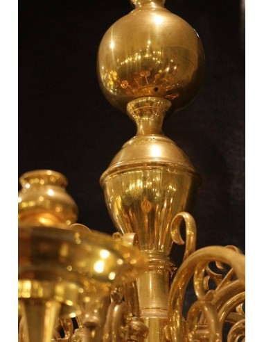 19th century Dutch style chandelier in golden bronze, 5 lights and 5 candlesticks
