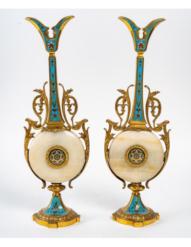 Pair of enamelled bronze decorative...