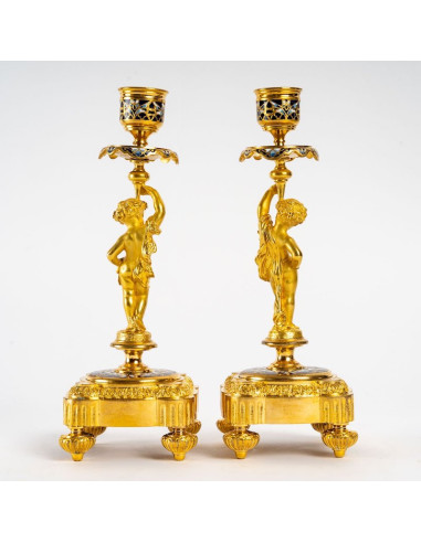 Paire de Bougeoirs en Bronze Doré et...