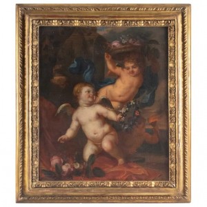 Pittura, olio su tela, fiammingo, XVII secolo, che rappresenta tre amori.