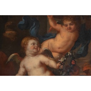 Pittura, olio su tela, fiammingo, XVII secolo, che rappresenta tre amori. 2