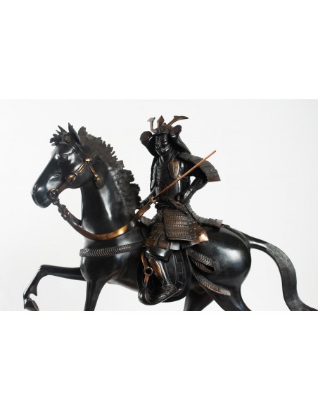 Importante scultura in bronzo, samurai, japon, 1925, base in onice, smontabile