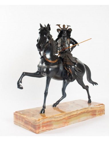 Importante scultura in bronzo, samurai, japon, 1925, base in onice, smontabile