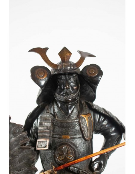 Importante scultura in bronzo, samurai, japon, 1925, base in onice, smontabile