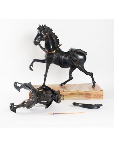 Importante scultura in bronzo, samurai, japon, 1925, base in onice, smontabile