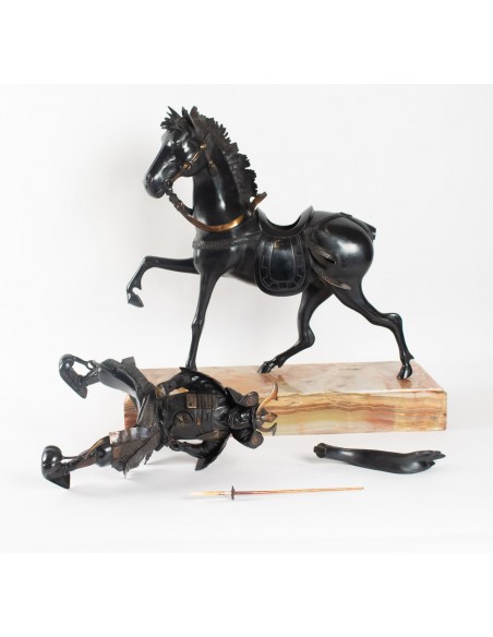Importante scultura in bronzo, samurai, japon, 1925, base in onice, smontabile