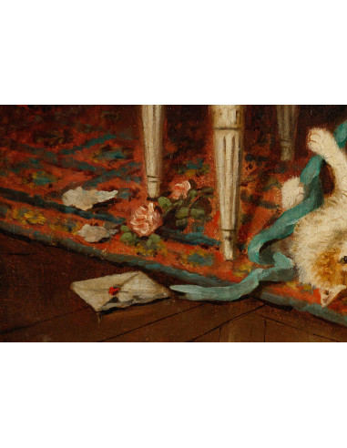 19 世纪的布面油画《沙龙里的猫》及其天鹅颈画架。