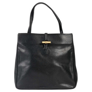 古董手提包，Longchamp，黑色皮革，20 世纪。