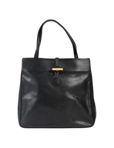 古董手提包，Longchamp，黑色皮革，20 世纪。