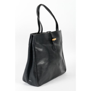古董手提包，Longchamp，黑色皮革，20 世纪。 2