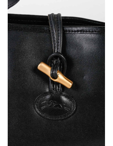 古董手提包，Longchamp，黑色皮革，20 世纪。