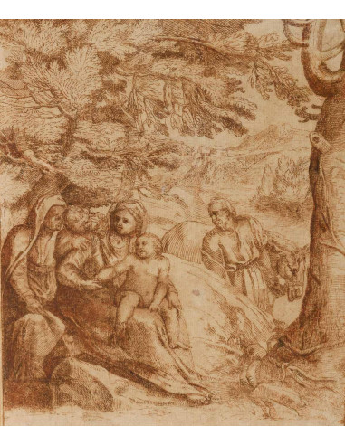 纸上钢笔画，描绘吉罗拉莫-穆齐亚诺的 "神圣家族"。