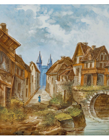瓷上绘画，乡村风景，一对，20 世纪初。
