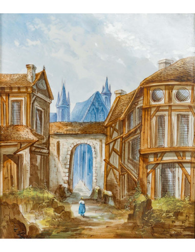 瓷上绘画，乡村风景，一对，20 世纪初。