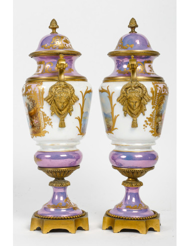 一对鸢尾花塞夫勒瓷器和镀金青铜盖花瓶，19 世纪。