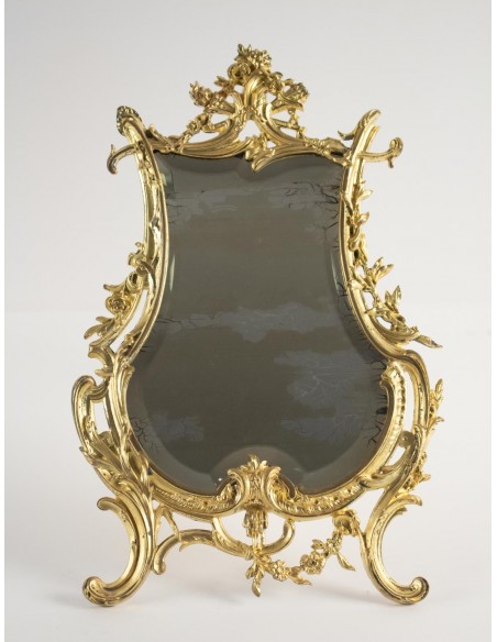 Espelho de mesa em Bronze Doré Original, período Napoleão III, estilo Luís XV, século XIX