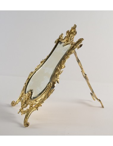 Espejo de sobremesa original de época Napoleón III en bronce dorado, estilo Luis XV, S. XIX