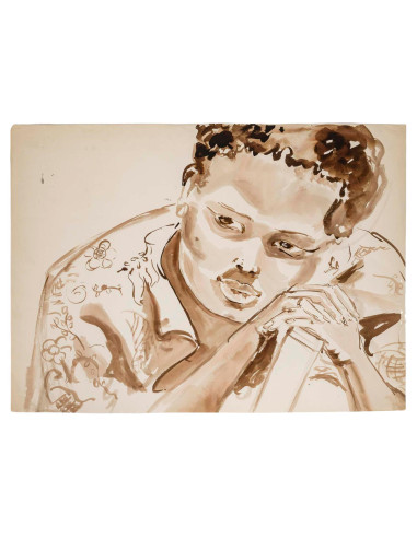 纸上水彩画，非洲妇女肖像，20 世纪。