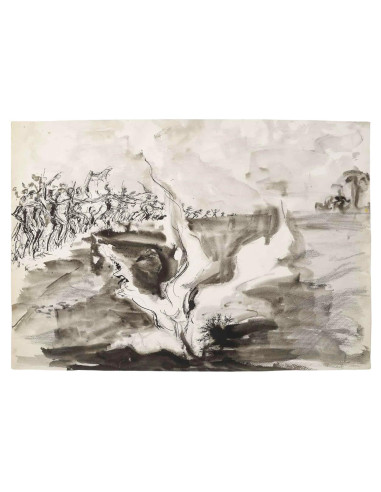 纸上水墨画，战斗，20 世纪。