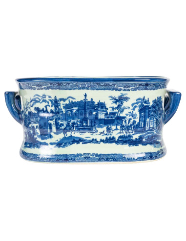 蓝色陶制花盆，署名 Victoria Ware，20 世纪。