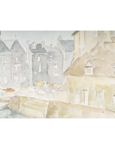 纸上水彩画，描绘一个小镇及其运河，1980 年。