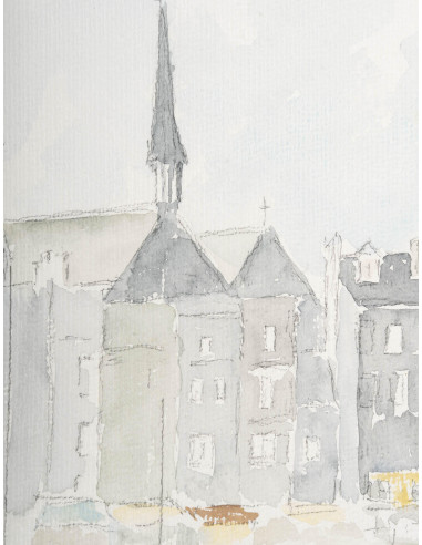 纸上水彩画，描绘一个小镇及其运河，1980 年。