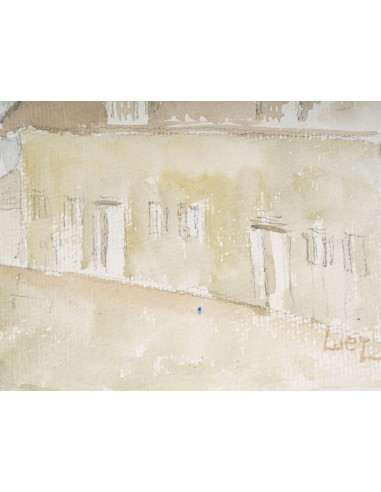 纸上水彩画，描绘一个小镇及其运河，1980 年。
