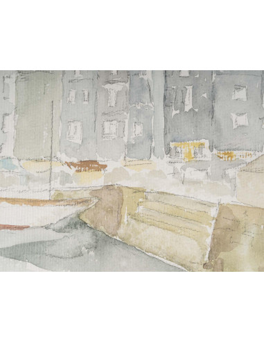 纸上水彩画，描绘一个小镇及其运河，1980 年。