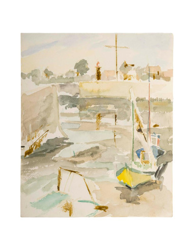 纸上水彩画，描绘港口和船只，1950-60 年。