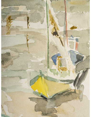 纸上水彩画，描绘港口和船只，1950-60 年。