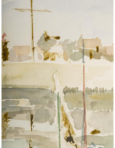 纸上水彩画，描绘港口和船只，1950-60 年。