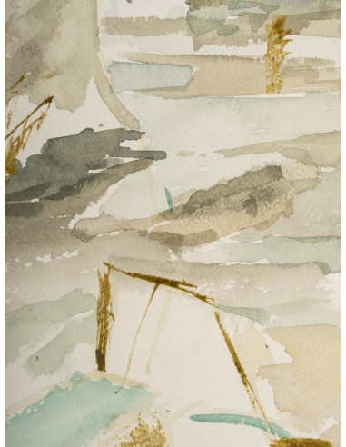 纸上水彩画，描绘港口和船只，1950-60 年。