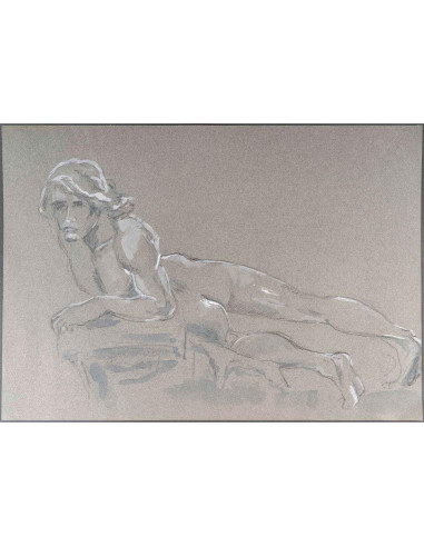纸上铅笔和水彩画，画的是一个躺着的人，20 世纪。