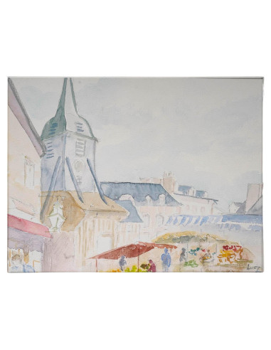 乡村教堂和市场水彩画，20 世纪。