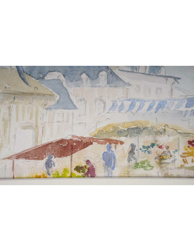 乡村教堂和市场水彩画，20 世纪。