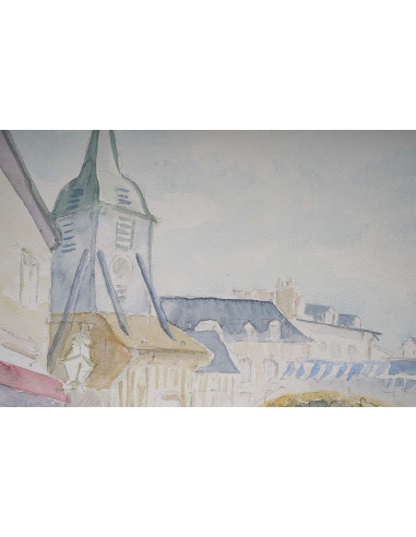 乡村教堂和市场水彩画，20 世纪。