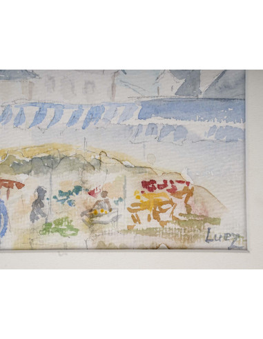 乡村教堂和市场水彩画，20 世纪。