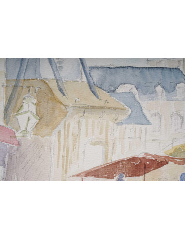 乡村教堂和市场水彩画，20 世纪。