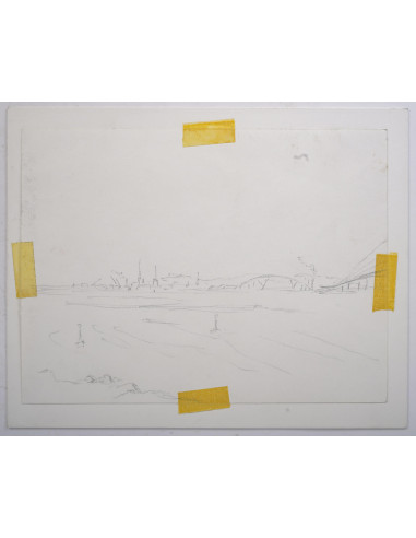 乡村教堂和市场水彩画，20 世纪。